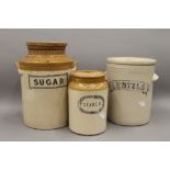 Three Victorian stoneware storage jars; Lentils, Sugar and Starch. Starch 19 cm high.