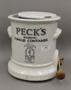 A Peck's white porcelain hygienic tongue container. 23 cm high.