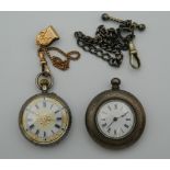 A silver engraved pocket watch (3 cm diameter) with yellow metal watch chain, etc.