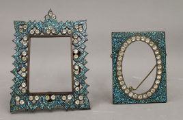 Two vintage crushed turquoise mosaic and cut crystal Indian brass frames. The largest 26 cm high.