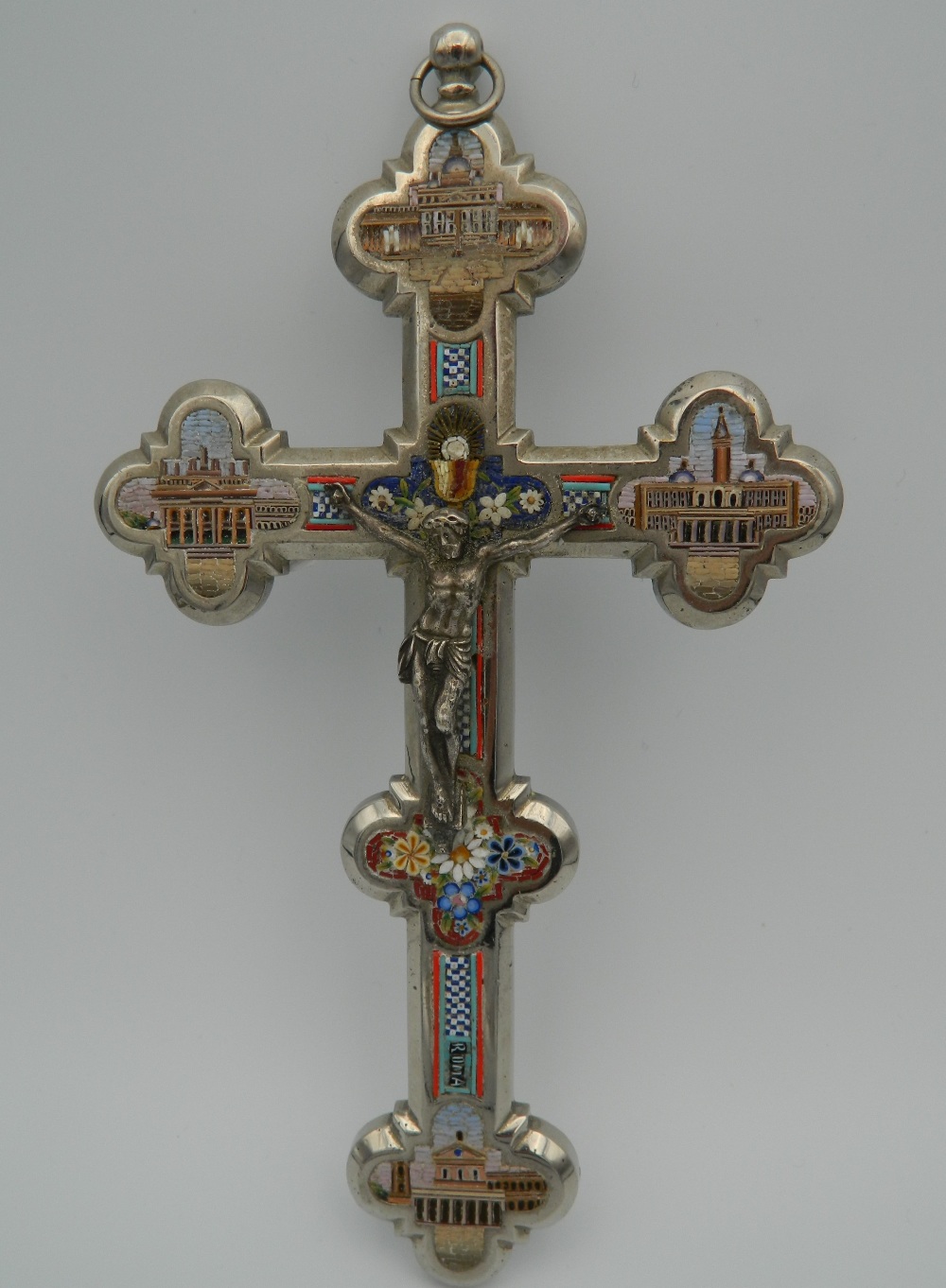 An Italian micro-mosaic inset silver plated crucifix. 20 cm high.