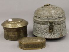 Three Antique Indian spice boxes (Pandam) consisting of two circular boxes and lids,