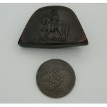 A 1792 French Revolution coin and a bicorne shaped horn snuff box with Napoleon astride his horse