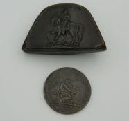 A 1792 French Revolution coin and a bicorne shaped horn snuff box with Napoleon astride his horse