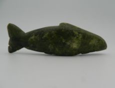 An Antique North West Pacific Coast green hardstone carving of a salmon, possibly Inuit/Haida.