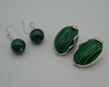 Two pairs of silver and malachite earrings