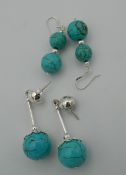 Two pairs of silver and turquoise earrings