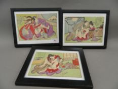 Three 19th century Japanese erotic Shunga woodblocks, framed and glazed. Each 18 x 12 cm.