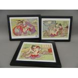 Three 19th century Japanese erotic Shunga woodblocks, framed and glazed. Each 18 x 12 cm.