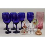 A quantity of miscellaneous glass, including six Bristol blue wine glasses,