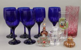 A quantity of miscellaneous glass, including six Bristol blue wine glasses,