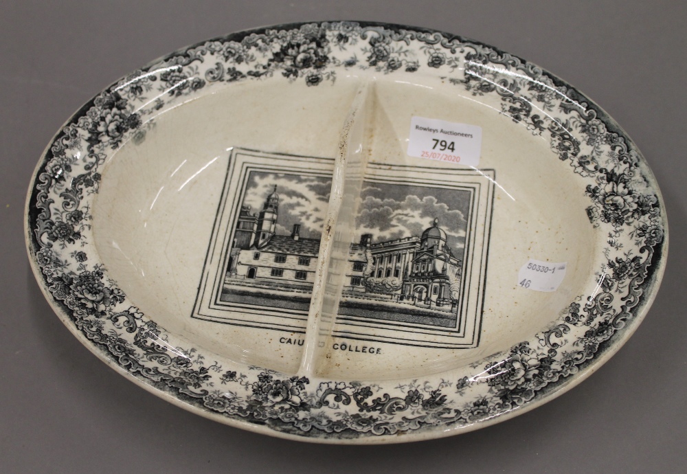 A Victorian Caius College sewing dish and two large Willow pattern plates. The former 30 cm wide. - Image 2 of 7