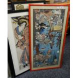 A quantity of Japanese and other framed woodblock prints, paintings, etc. The largest 84 cm high.