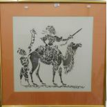 Two unframed Chinese watercolours and an Eastern framed picture of a Figure on a Camel.