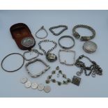 A quantity of miscellaneous silver jewellery, coins, etc.