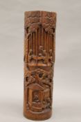 A Chinese carved bamboo brush pot. 38.5 cm high.