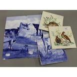 A quantity of Mintons blue and white tiles depicting cattle and two tiles depicting game birds.