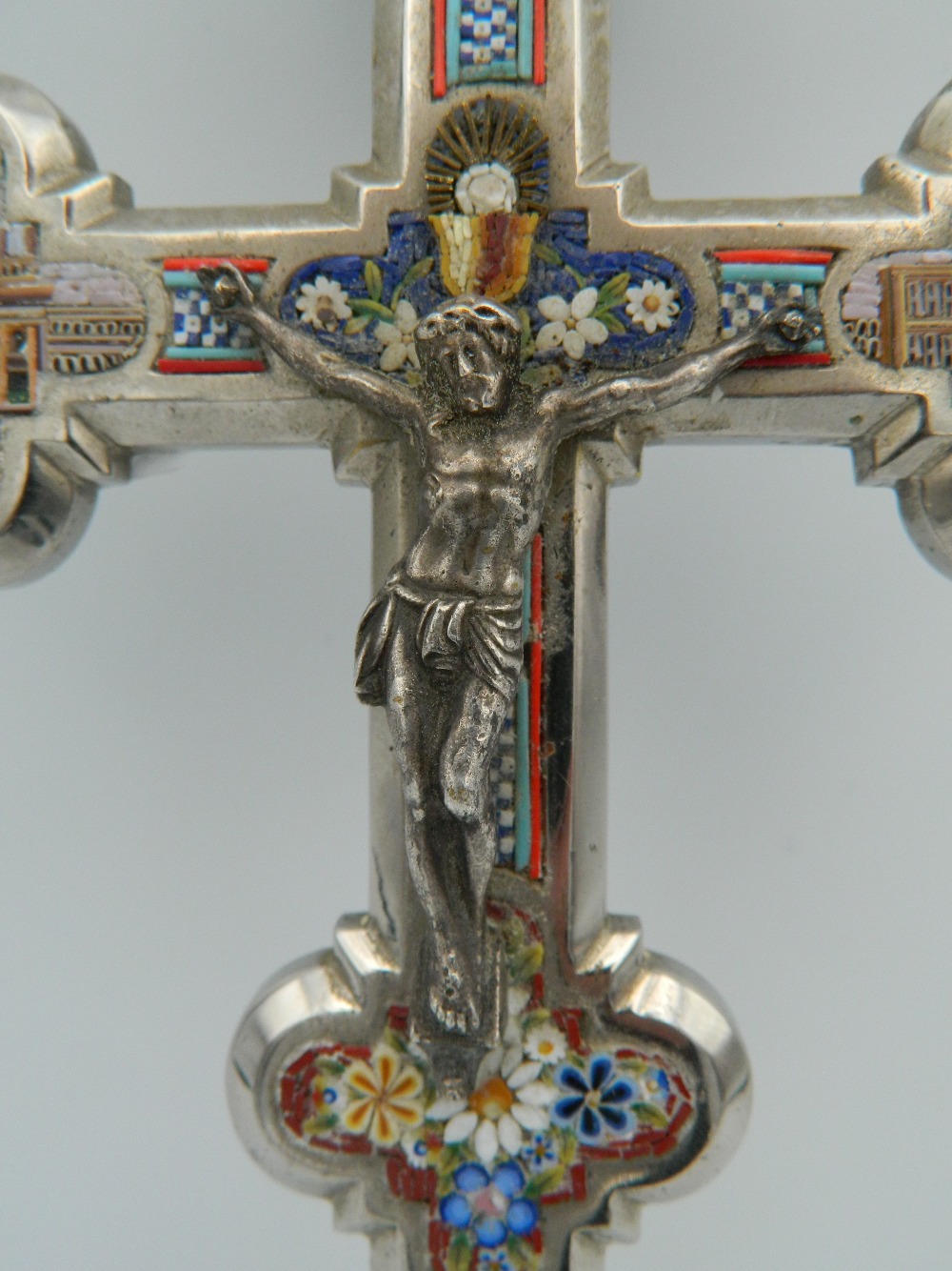 An Italian micro-mosaic inset silver plated crucifix. 20 cm high. - Image 2 of 8