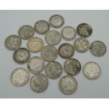 Twenty silver threepences pieces,
