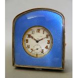A Goliath pocket watch in an enamel and silver mounted case. Case 11.5 cm high, watch 6.