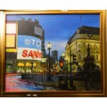 JT RENNISON, Piccadilly Circus, photorealism oil on canvas, framed. 61 cm wide.