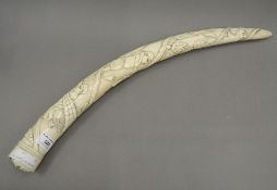 An early 20th century carved tusk, worked in the round with figures and animals. 56.5 cm long.