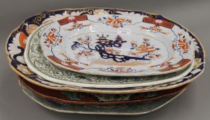 A quantity of Masons and other Ironstone meat plates. The largest 50 cm wide.