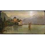 REV ALFRED HASTINGS, Alpine Lake, oil on board, unsigned. 21.5 cm wide.