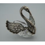 A silver and glass salt formed as a swan. 7 cm high.