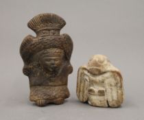 A South American Pre Colombian terracotta figure of a deity and an unusual South American stone