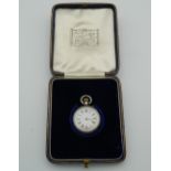 A silver fob watch, in fitted box. 3 cm diameter.