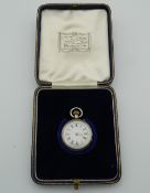 A silver fob watch, in fitted box. 3 cm diameter.