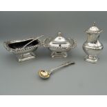 A substantial three piece silver cruet set consisting of a mustard cruet, 10 cm wide,