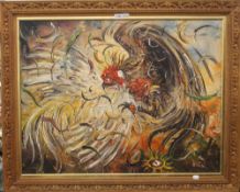 Cock Fight, oil on canvas, framed. 102 cm wide overall.