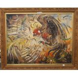 Cock Fight, oil on canvas, framed. 102 cm wide overall.