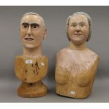 Two Folk Art painted carved wooden busts, one male, the other female. The male 52.5 cm high.
