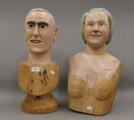 Two Folk Art painted carved wooden busts, one male, the other female. The male 52.5 cm high.