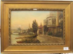 A Victorian oil on board, Kew Bridge, Strand on the Green, London, framed. 39.5 x 25 cm.