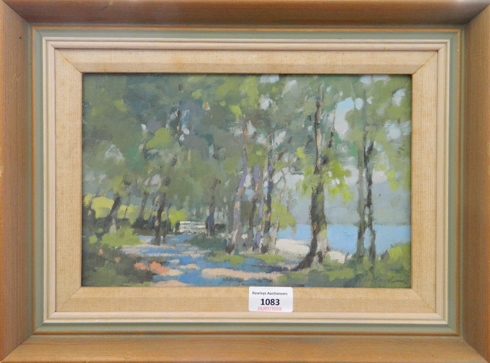 ANTHONY RICHARDS, Beside Derwent Water, oil, framed. 28.5 cm wide.