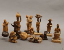 A quantity of wooden carved figures, etc. The tallest 12 cm.