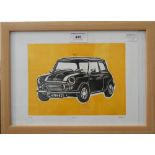 A limited edition print of a Classic Mini, indistinctly signed, numbered 3125, framed and glazed.