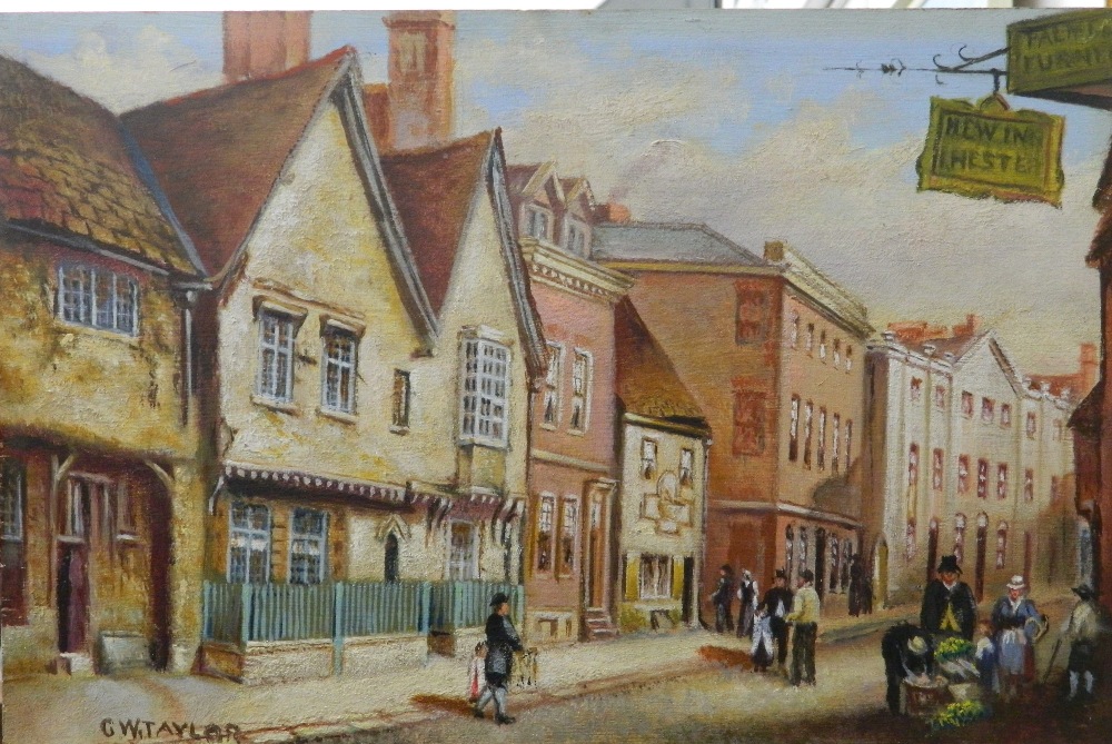 GW TAYLOR, Leicester Street Scenes, oils on board, a pair.