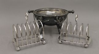 Two E.P.N.S toast racks and an unusually small E.P.N.S rollover game dish. The latter 20.5 cm wide.