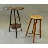 An Edwardian inlaid side table and a stool. Side table 42.5 cm diameter.