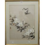 CHANG WA FEI, Flying Birds and Flowers, watercolour, framed and glazed. 43 cm wide.