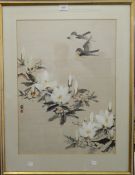 CHANG WA FEI, Flying Birds and Flowers, watercolour, framed and glazed. 43 cm wide.