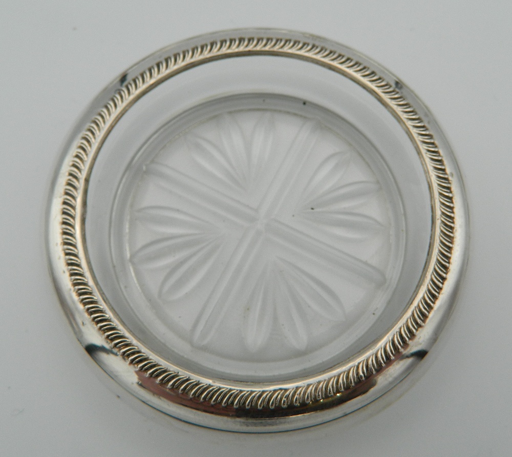 Seven glass and sterling silver rimmed coasters, stamped sterling. Each 9.5 cm diameter. - Image 3 of 4