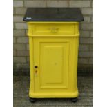 A marble topped yellow painted pot cupboard. 50 cm wide.