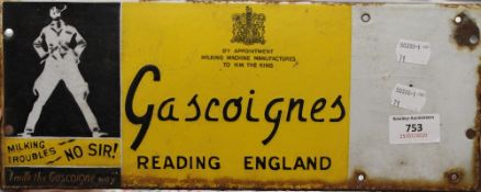 A Gascoigns Milking Machine enamel advertising sign. 35.5 x 14 cm.