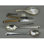 A quantity of various silver and plated items. Salad servers 33.5 cm long.